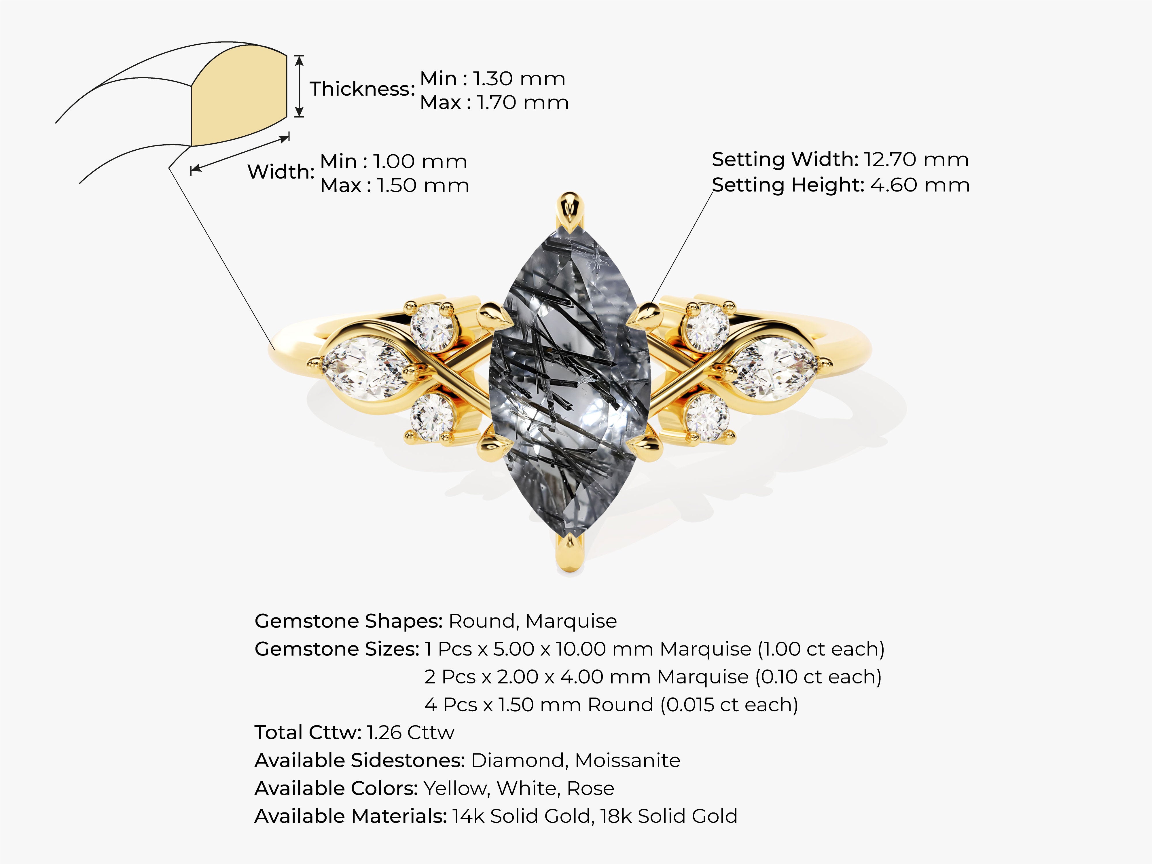 Gold ring with marquise rutilated quartz and diamonds