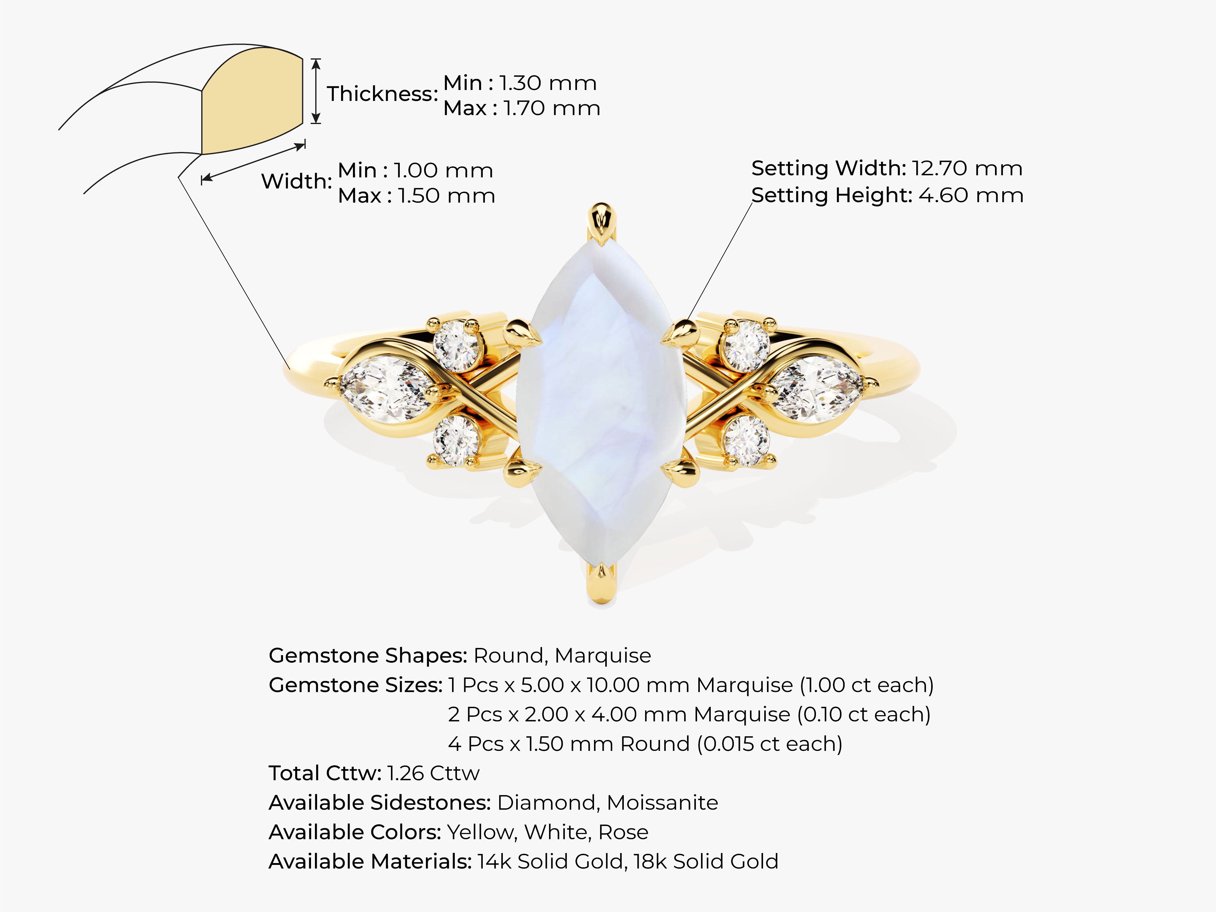 Gold marquise moonstone ring with diamond accents