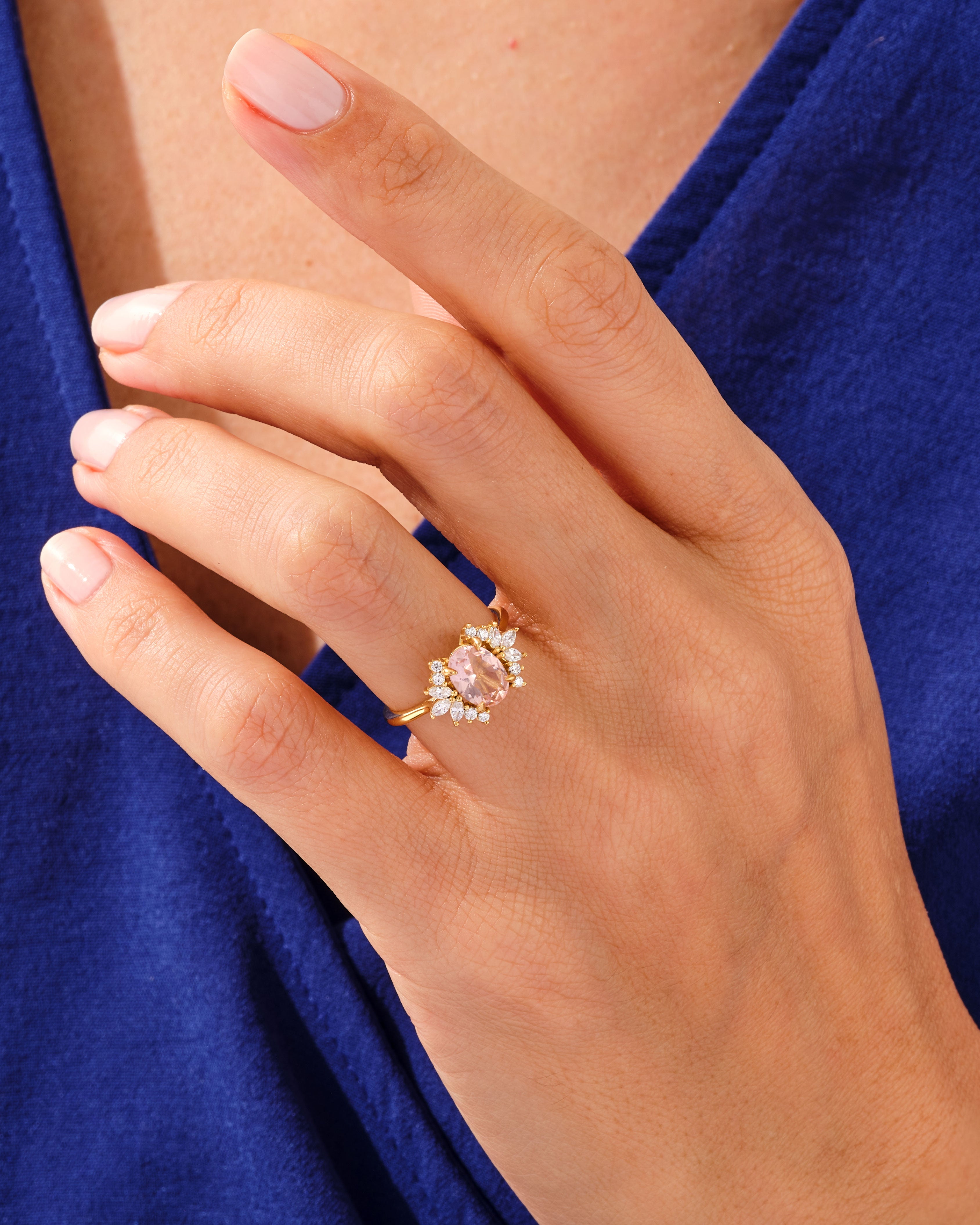 Oval Cut Peach Morganite Engagement Ring with Moissanite Cluster
