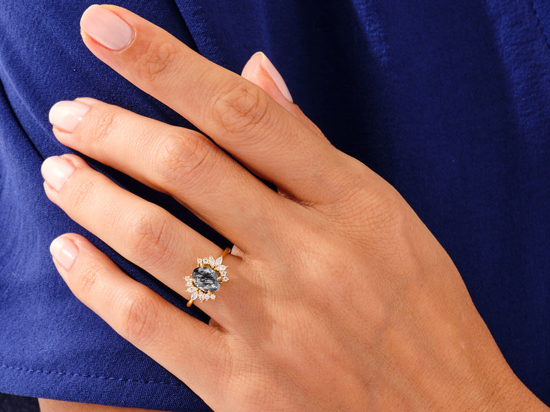 Oval Cut Black Rutilated Quartz Engagement Ring