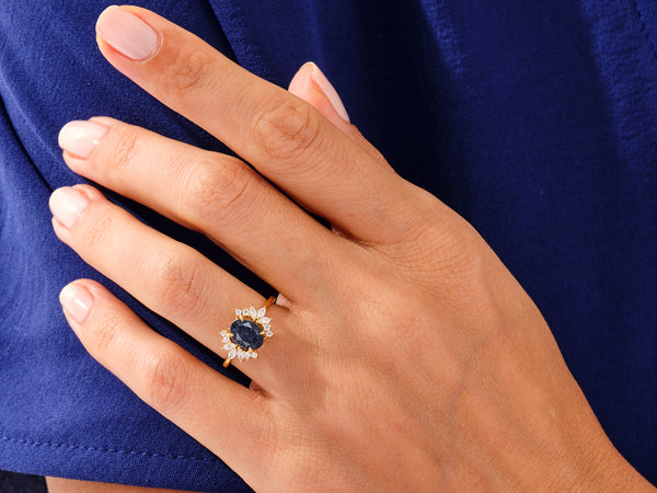 Oval Blue Sandstone Engagement Ring with Moissanite Cluster