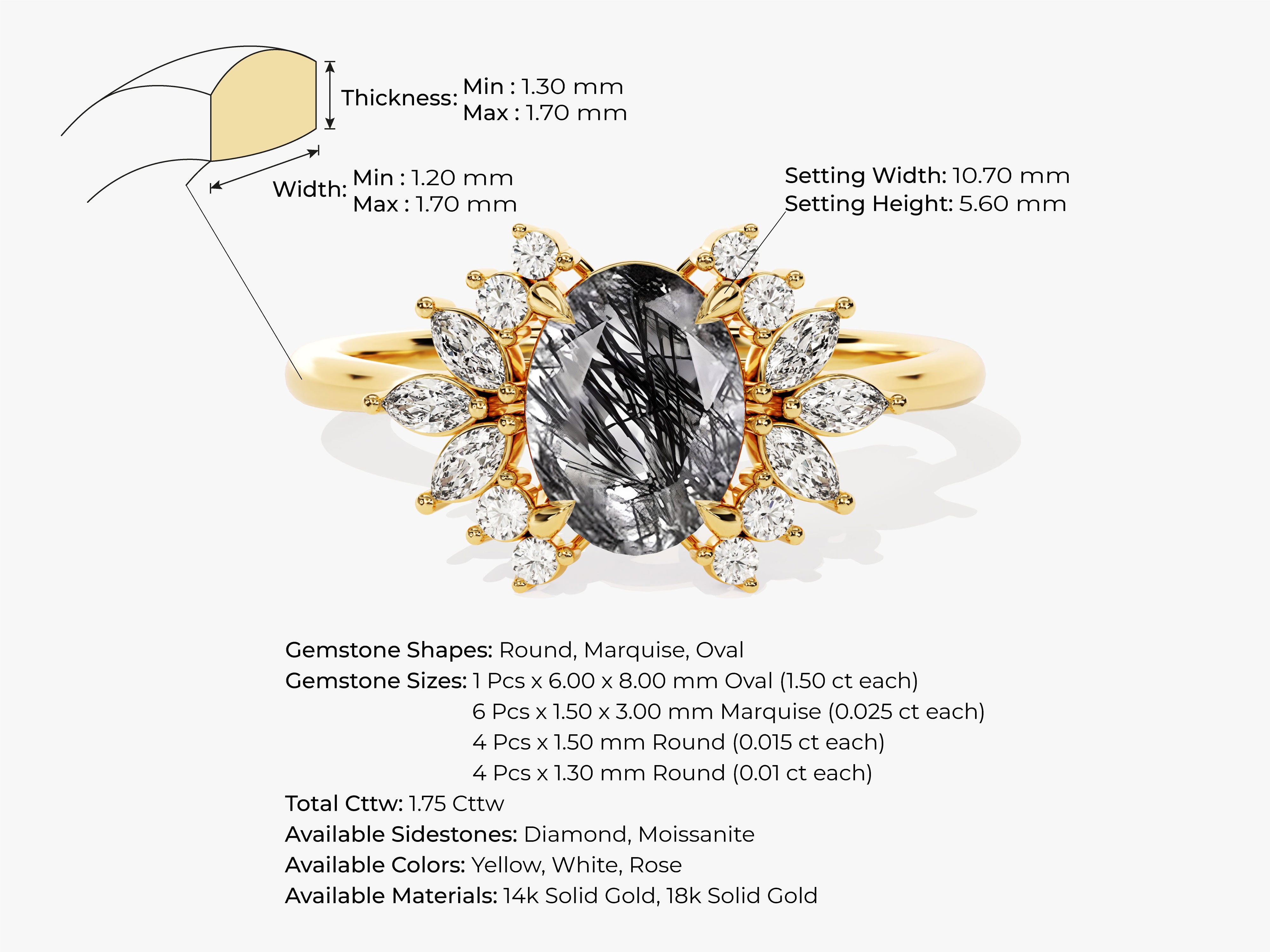 Gold ring with oval rutilated quartz and diamond accents