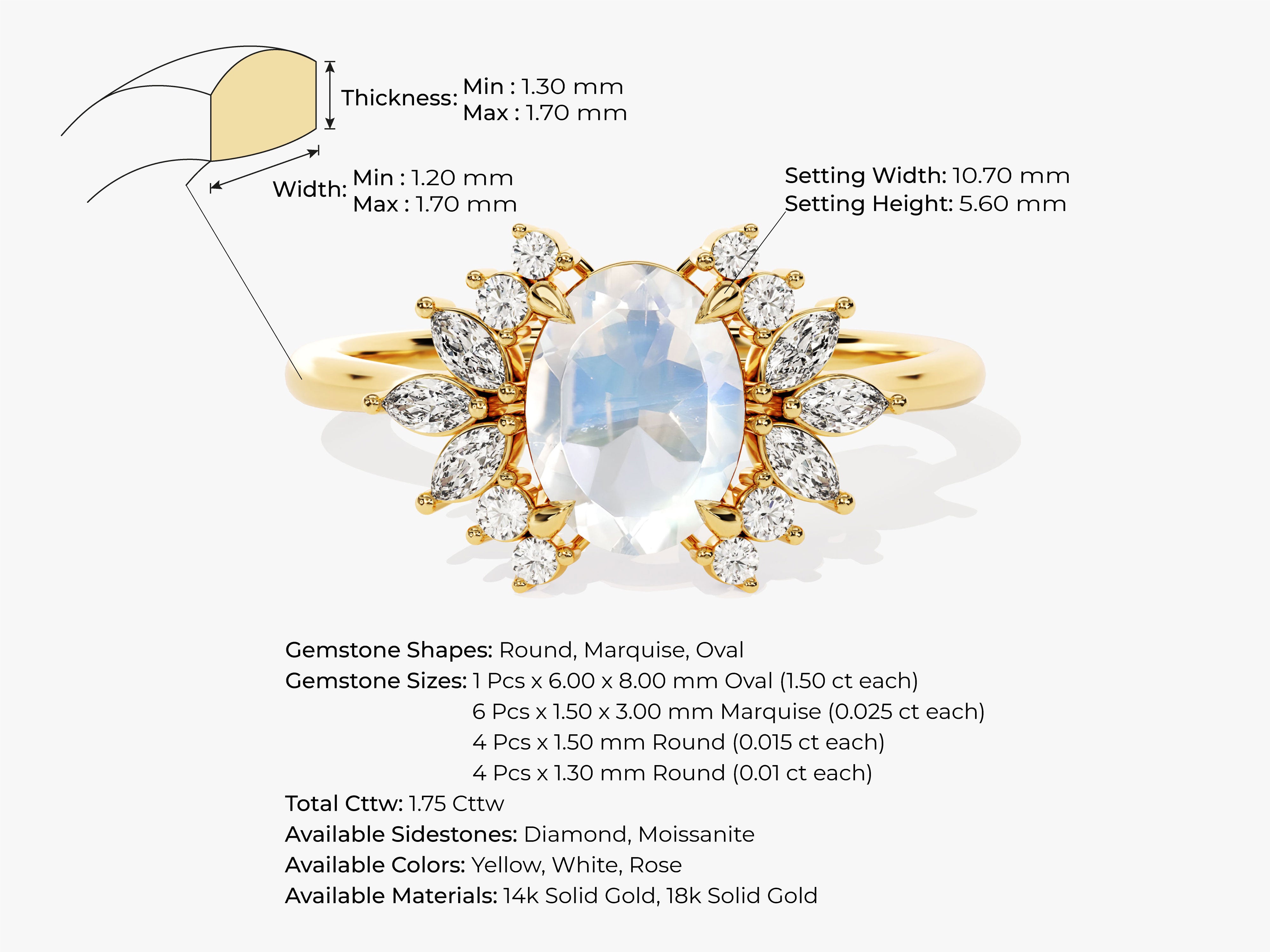 Gold ring with moonstone and diamond accents, jewelry details