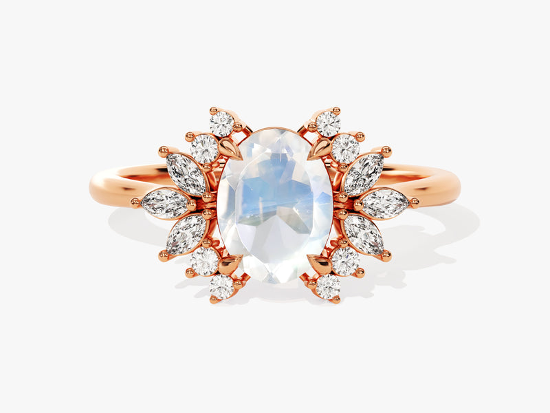 Oval Moonstone Engagement Ring with Moissanite Cluster