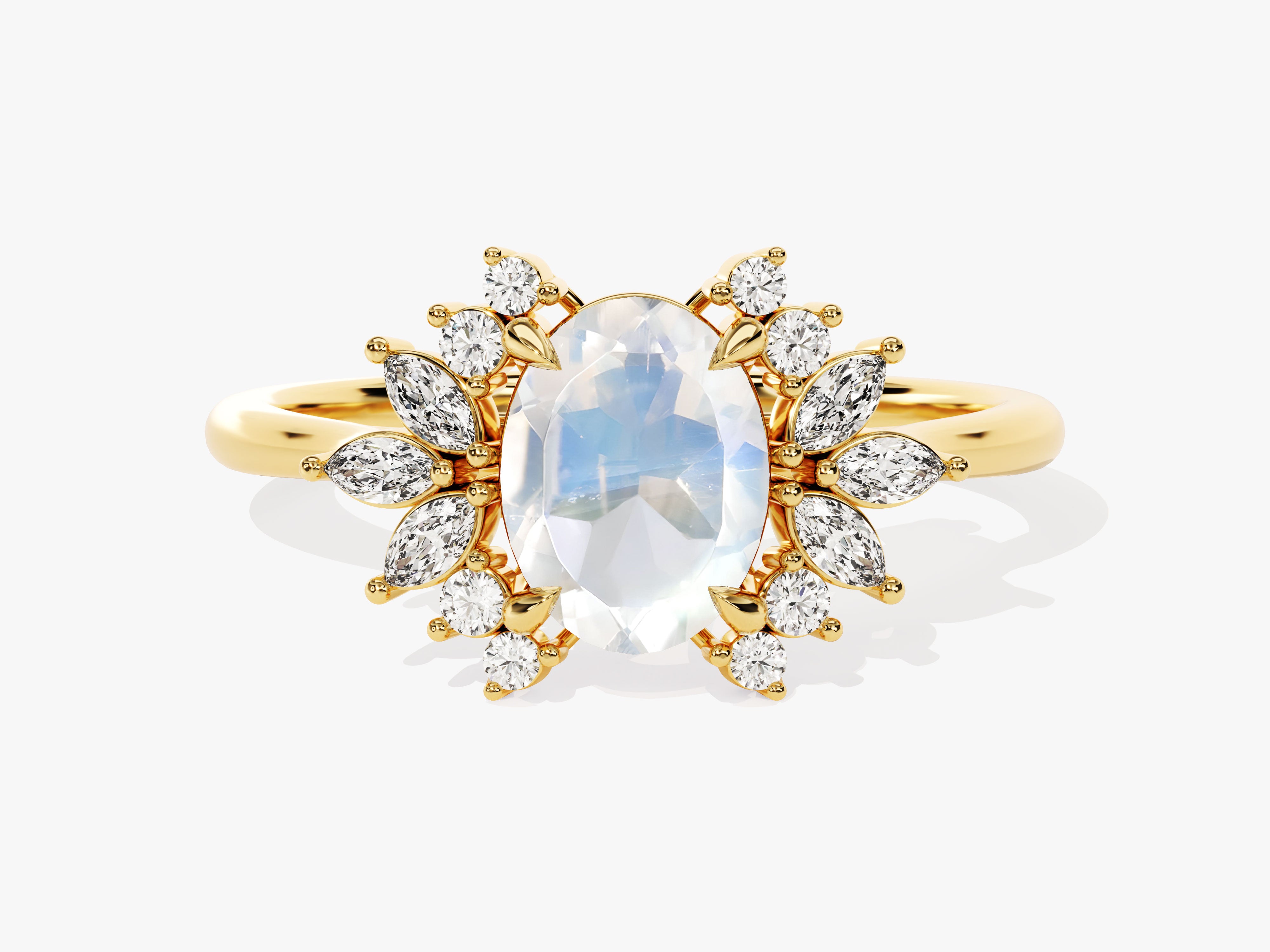 Gold ring with oval moonstone and diamond accents