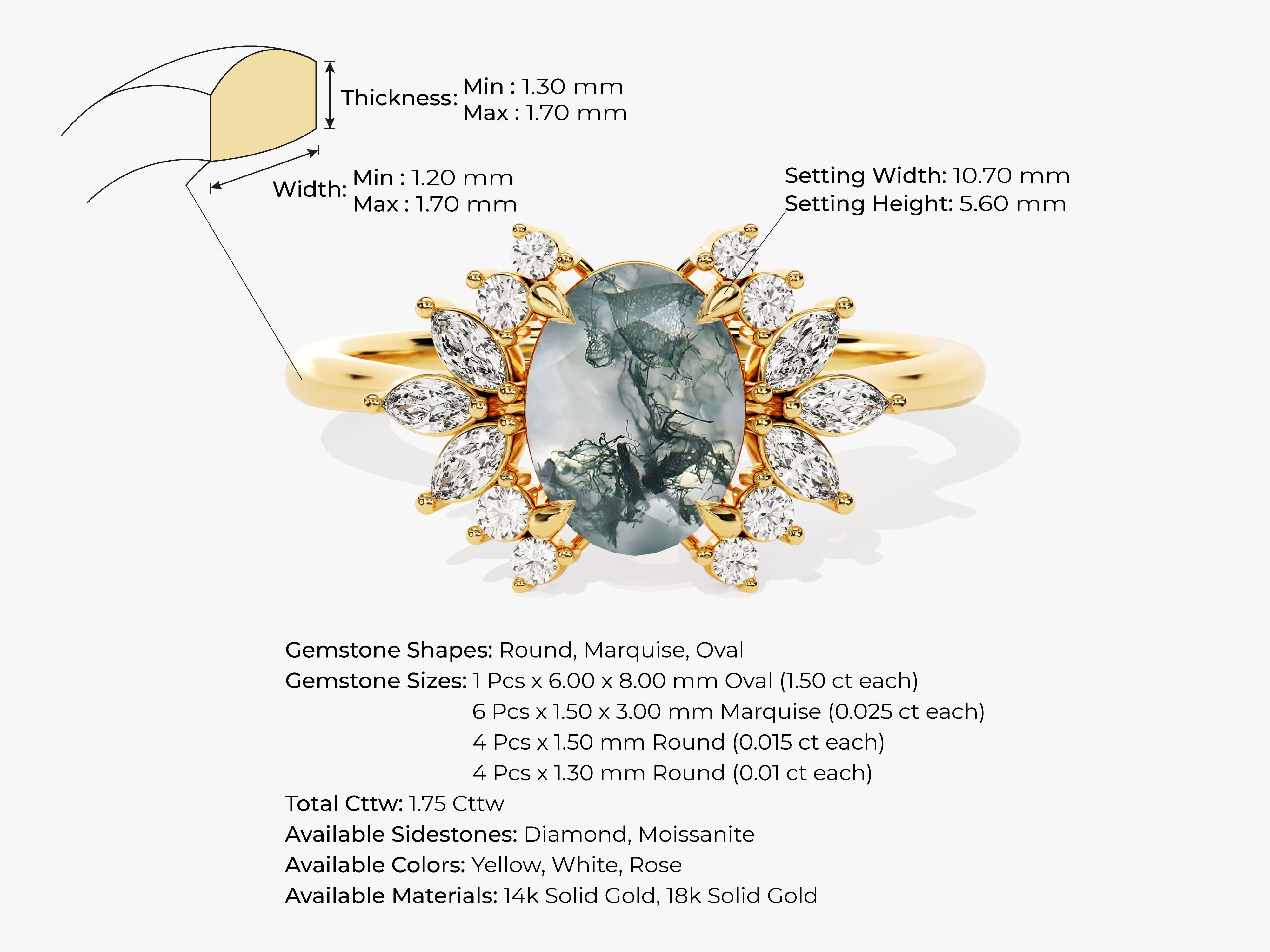 Gold ring with oval moss agate and diamond accents