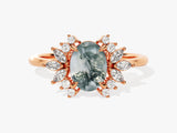 Oval Moss Agate Engagement Ring with Moissanite Cluster