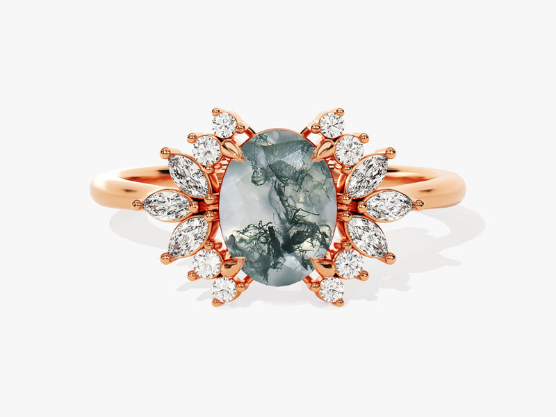 Oval Moss Agate Engagement Ring with Moissanite Cluster