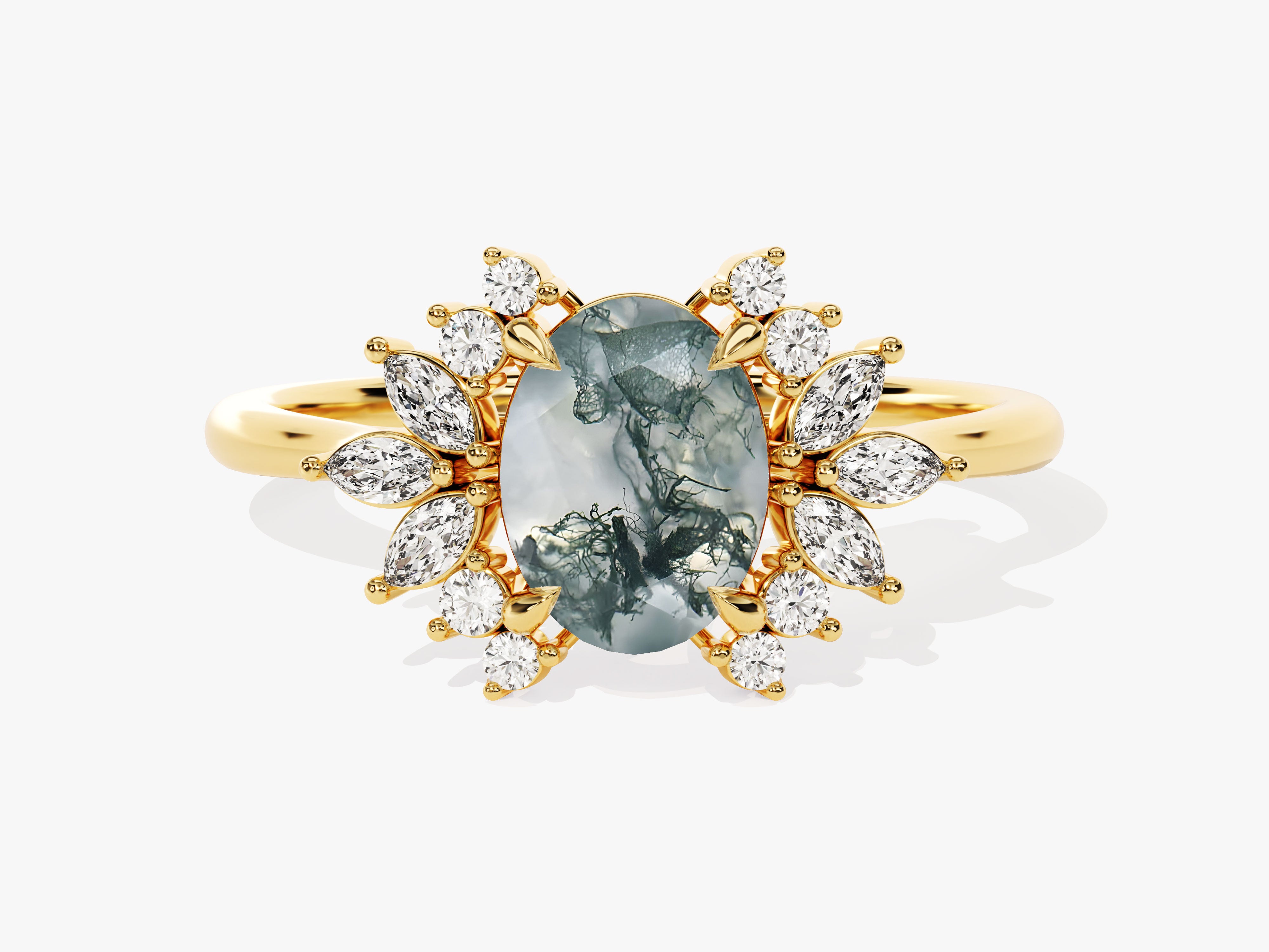 Gold ring with oval moss agate and diamond halo