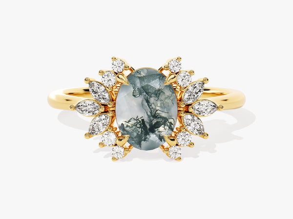 Oval Moss Agate Engagement Ring with Moissanite Cluster