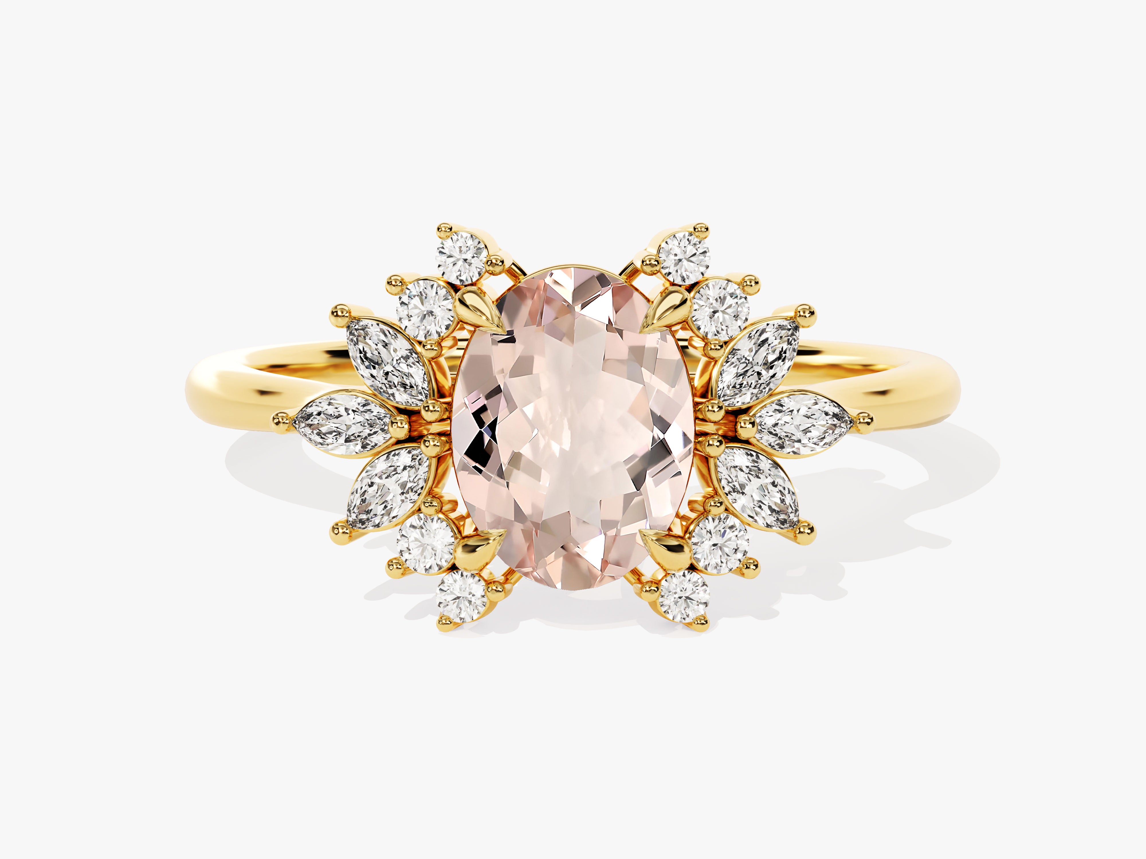 Oval morganite diamond halo ring in yellow gold