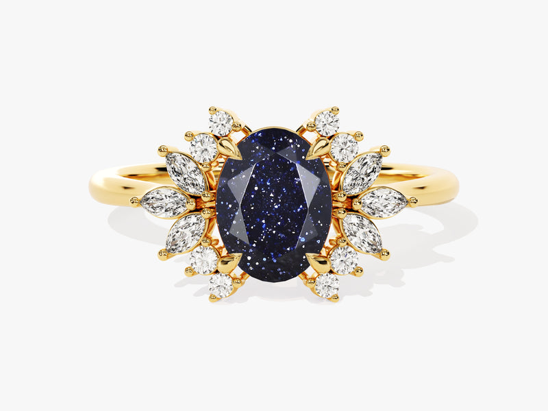 Oval Blue Sandstone Engagement Ring with Moissanite Cluster