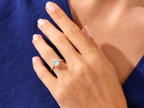 Oval Halo Moonstone Engagement Ring with Moissanite Sidestones