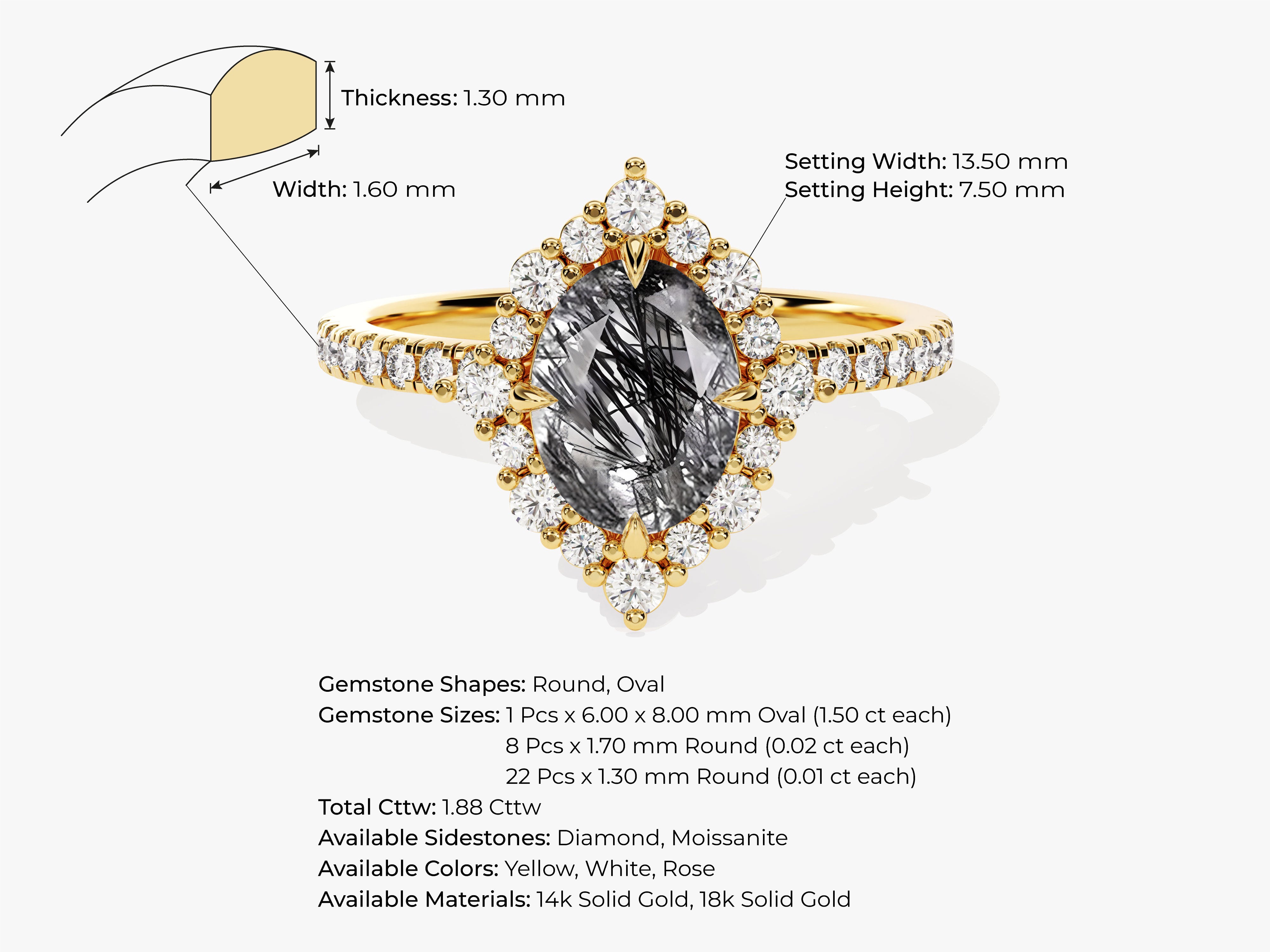 Gold ring with oval rutilated quartz and diamond halo