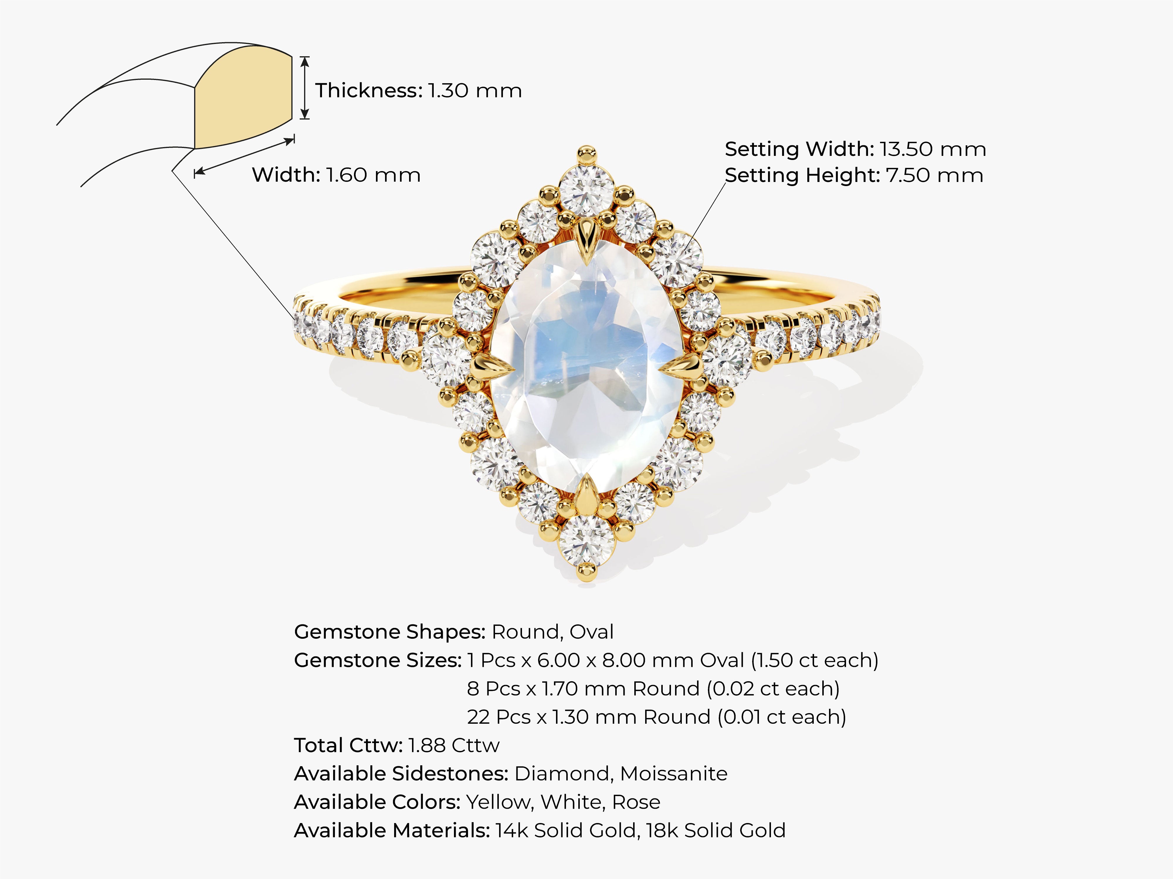 Oval moonstone halo ring with diamonds, 14k solid gold