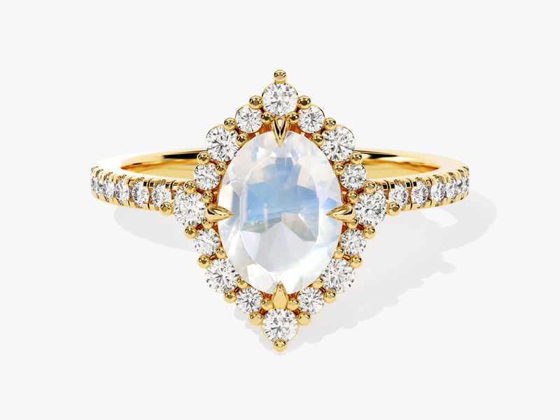 Oval Halo Moonstone Engagement Ring with Moissanite Sidestones