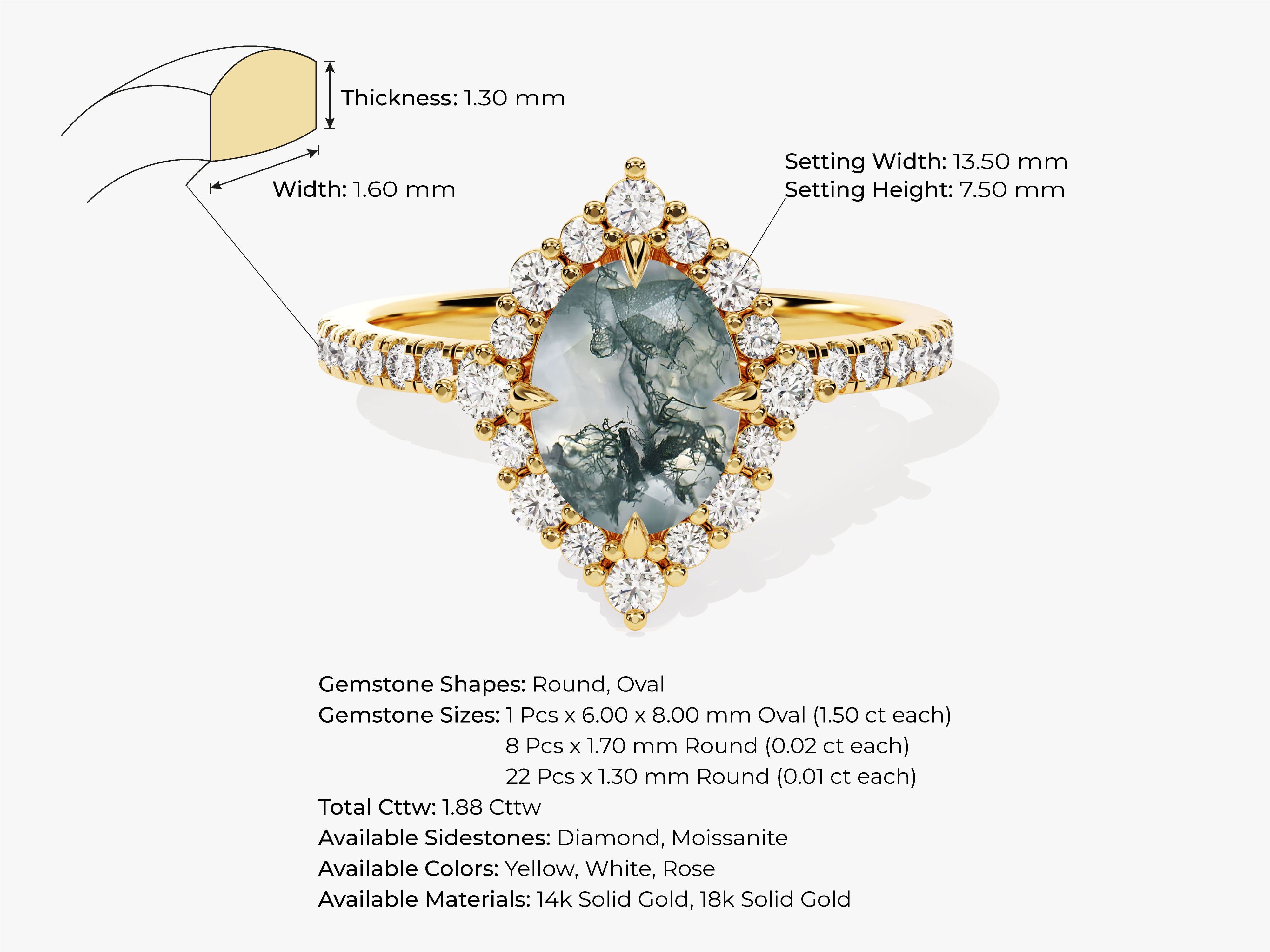 Gold ring with oval moss agate and diamond halo setting