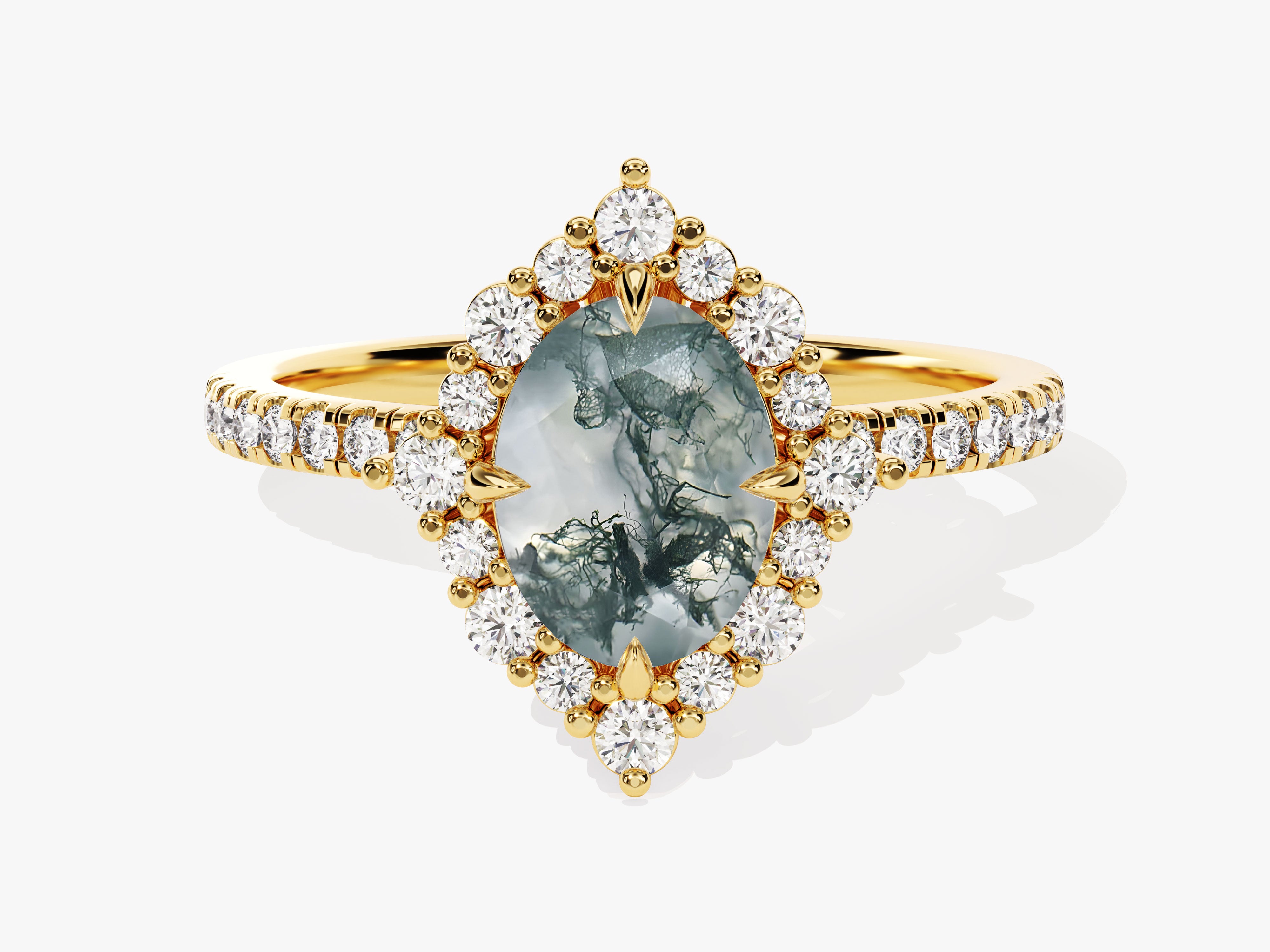 Gold ring with moss agate and diamonds, jewelry design