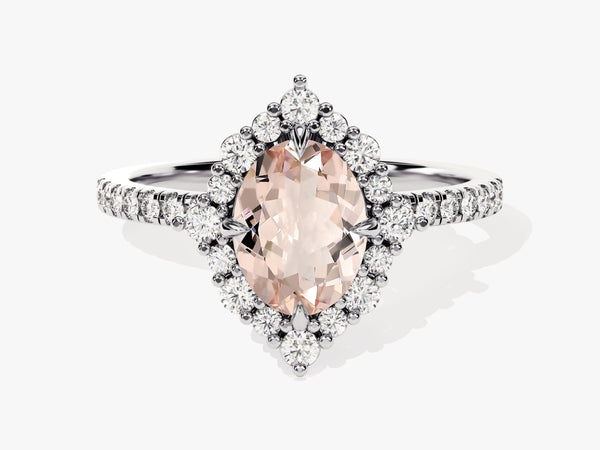 Diamond halo engagement ring with oval peach gemstone
