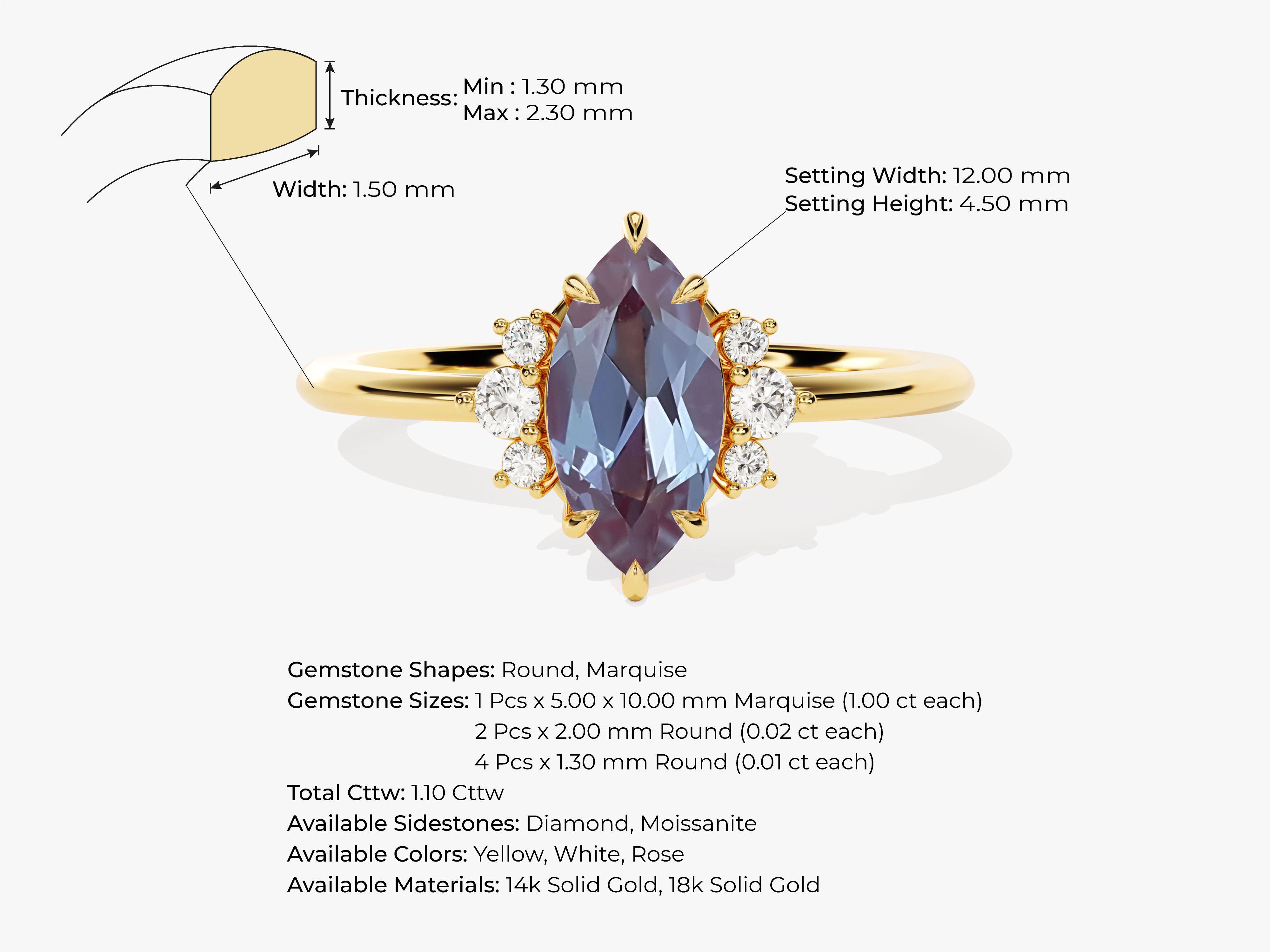 Marquise alexandrite ring with diamonds in yellow gold