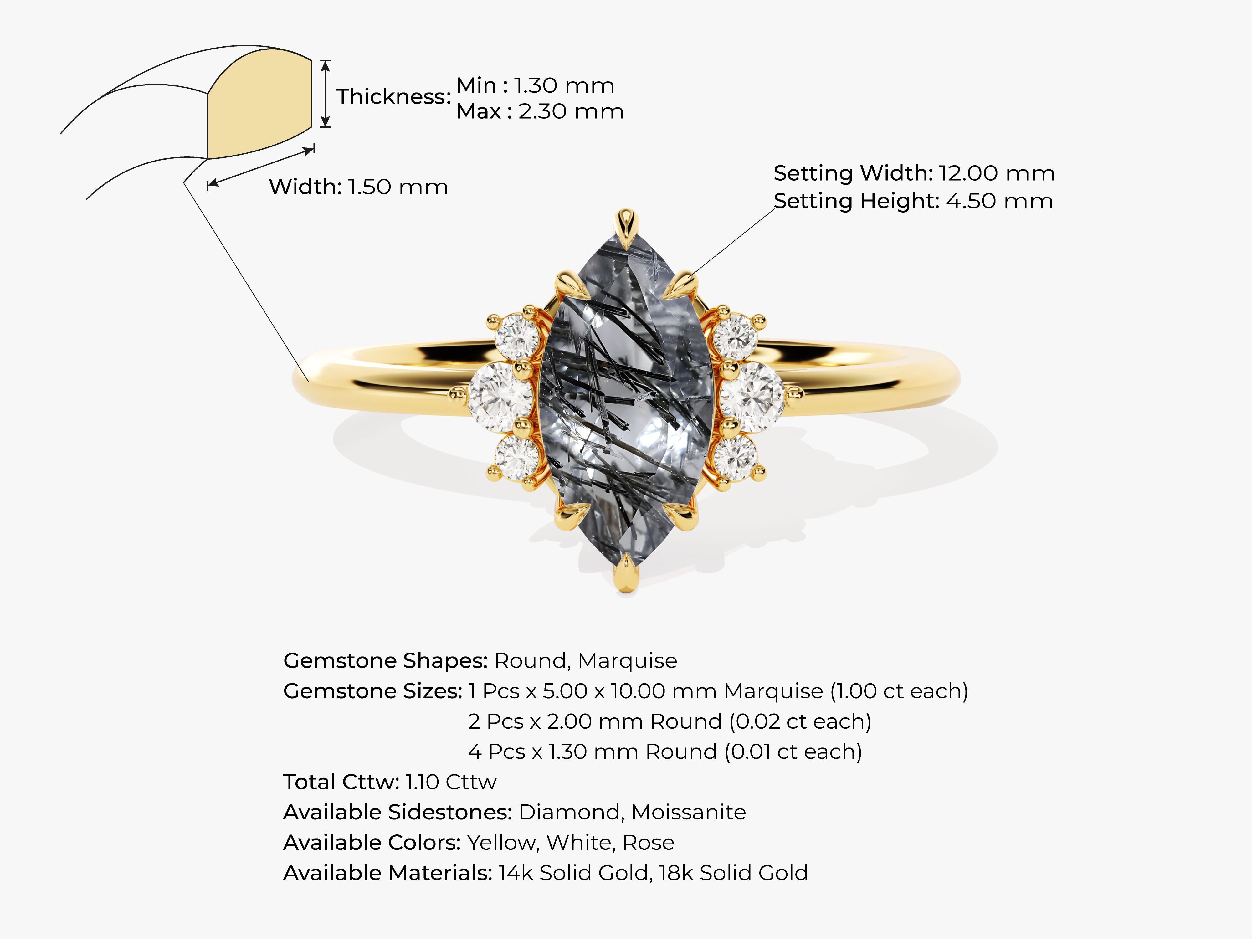 Marquise cut gemstone ring with diamond accents in yellow gold