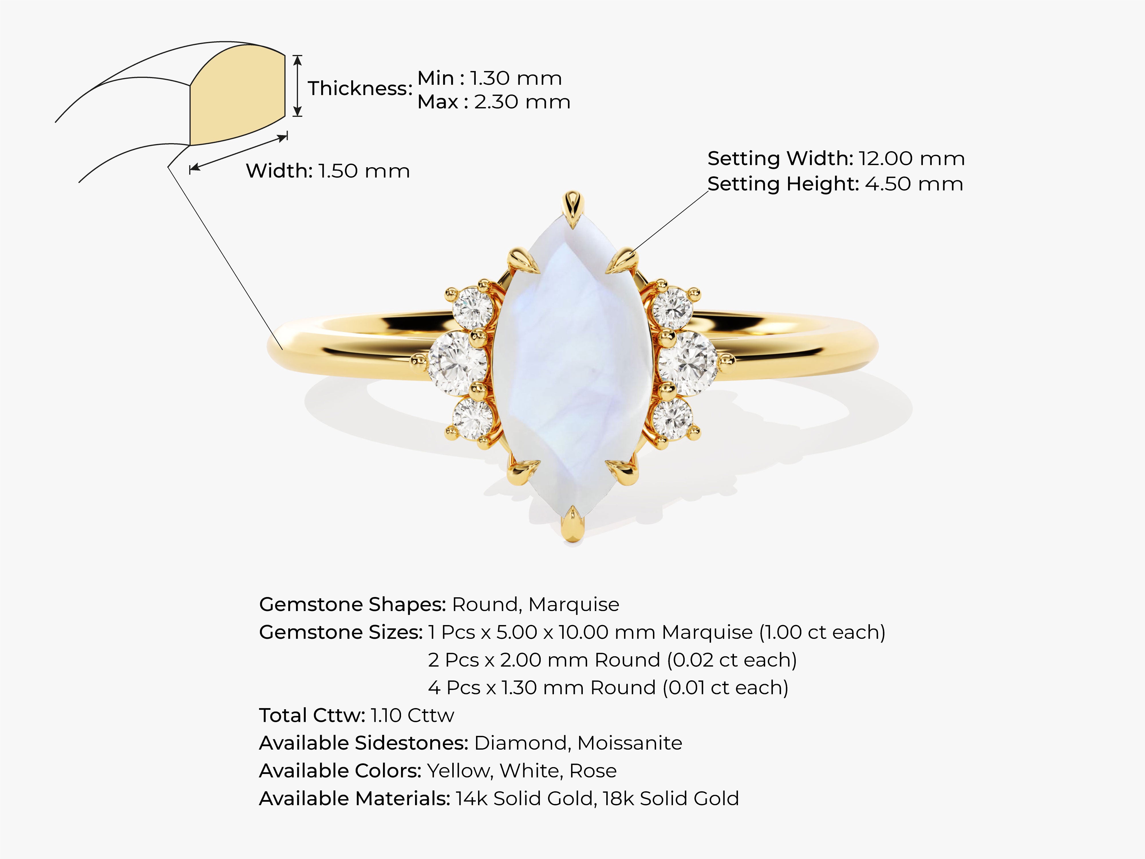 Gold marquise moonstone ring with diamonds