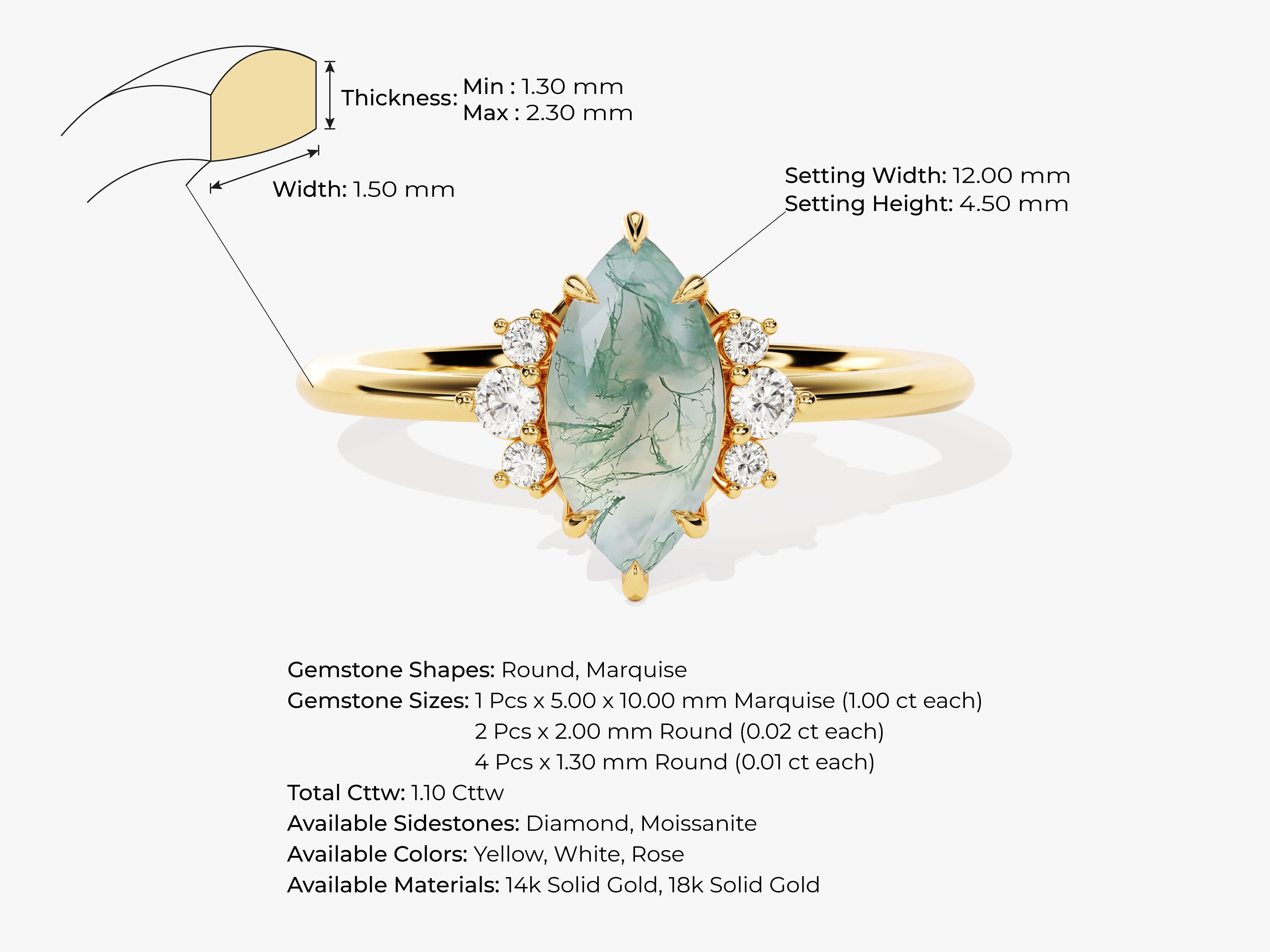 Gold marquise moss agate ring with diamonds