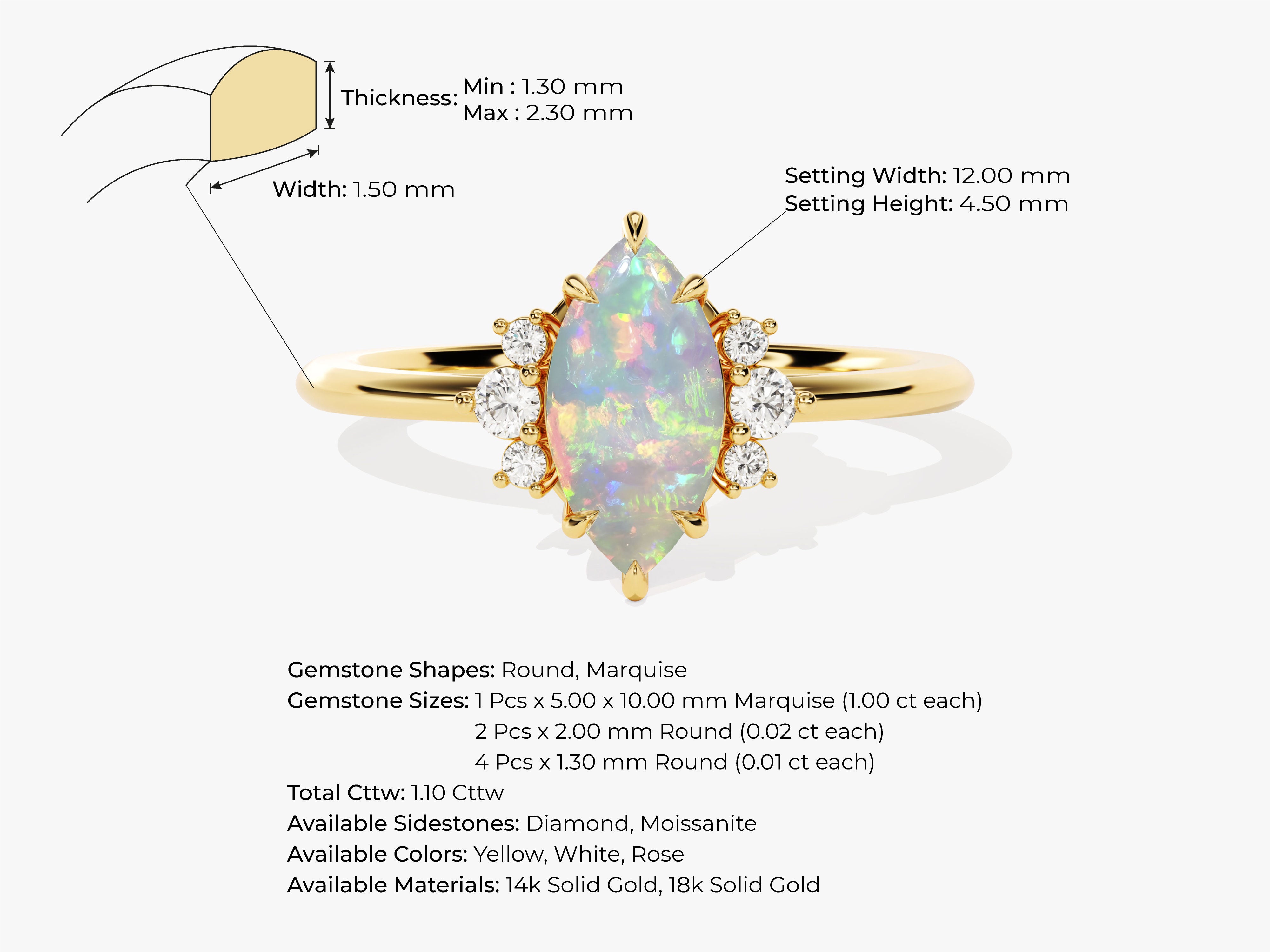 Marquise opal ring with diamond accents in yellow gold