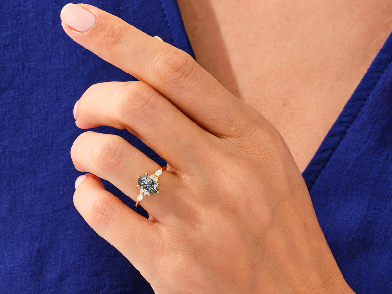 Long Hexagon Black Rutilated Quartz Engagement Ring with Marquise Moissanite Sidestones