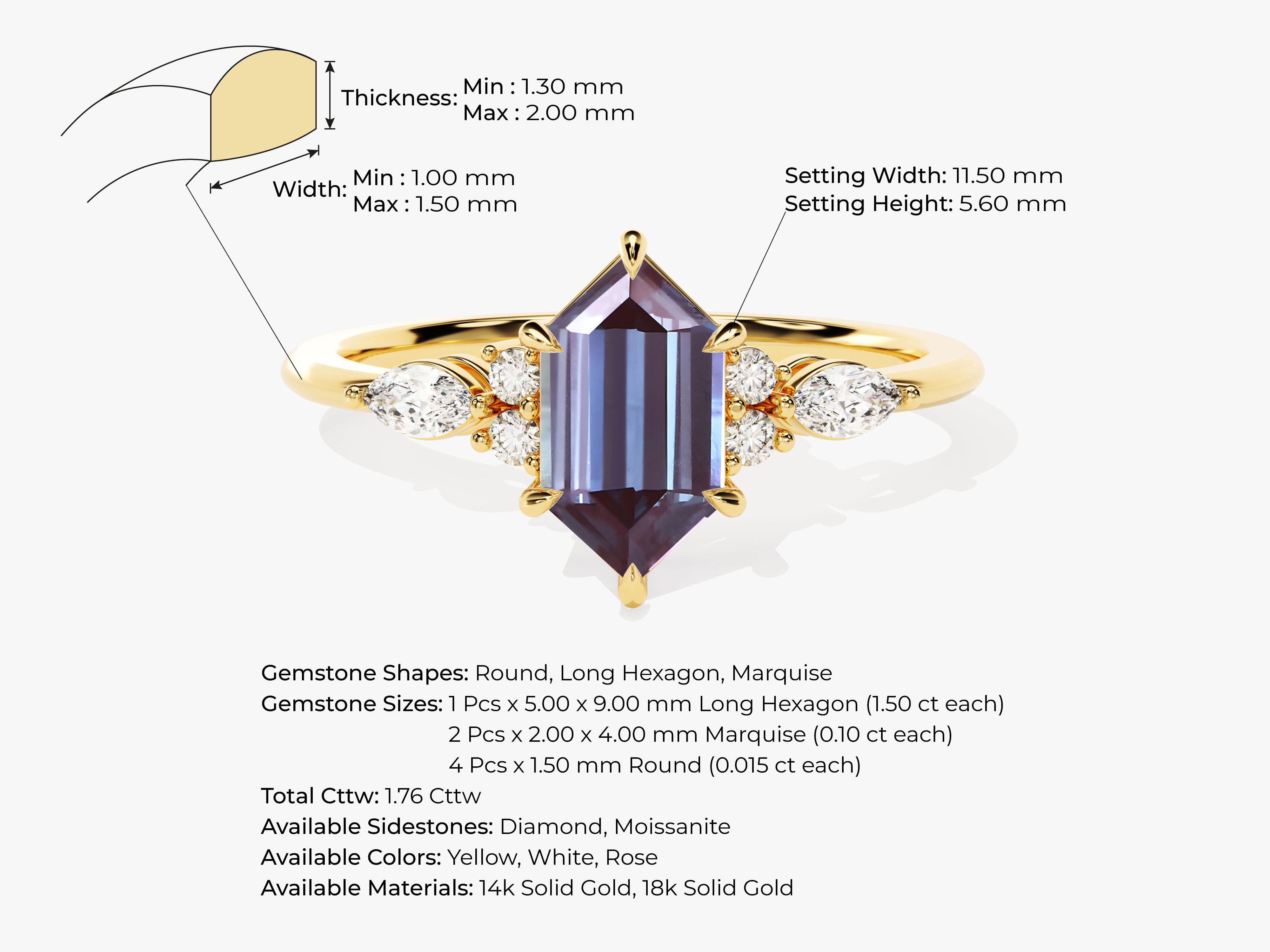 Gold ring with hexagon and marquise gemstones, jewelry details