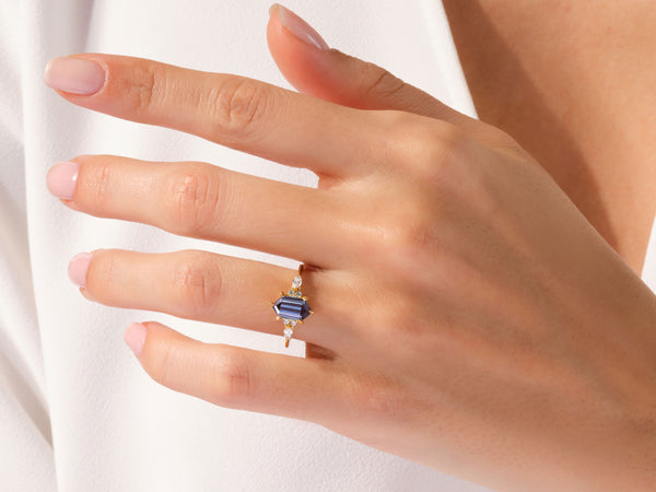 Long Hexagon Lab Alexandrite Engagement Ring with Marquise Moissanite Sidestones