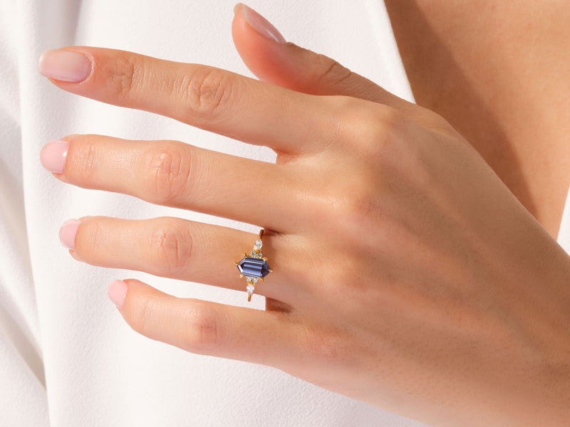 Long Hexagon Lab Alexandrite Engagement Ring with Marquise Moissanite Sidestones