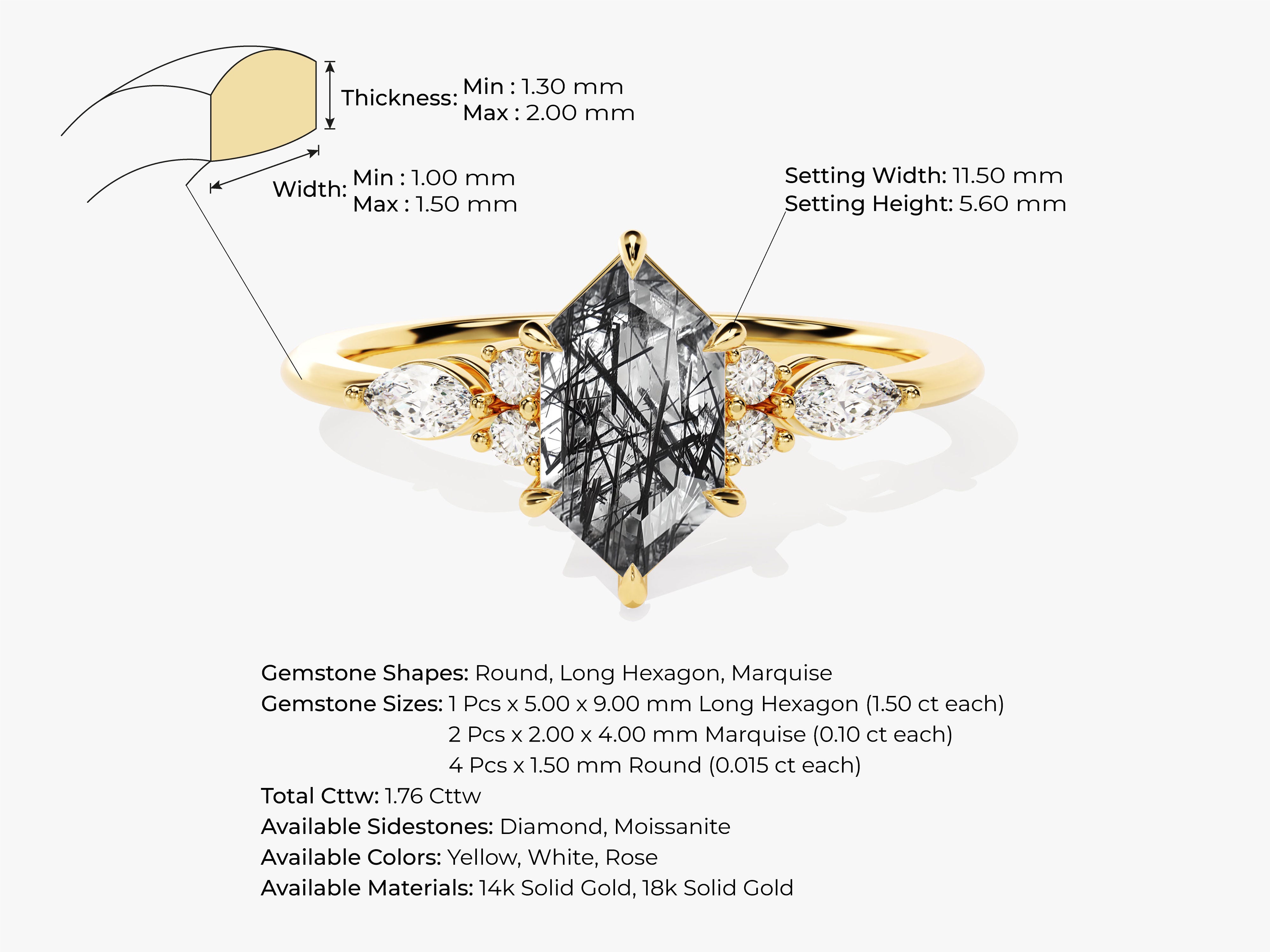 Gold ring with hexagon and marquise diamonds, jewelry design