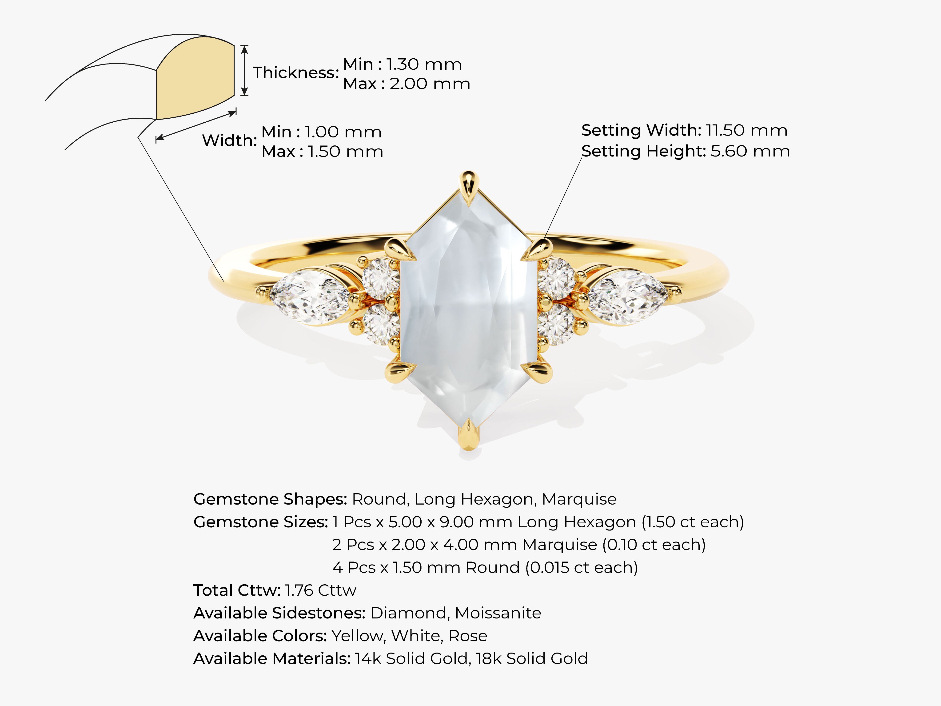 Gold ring with hexagon and marquise cut gemstones, jewelry design