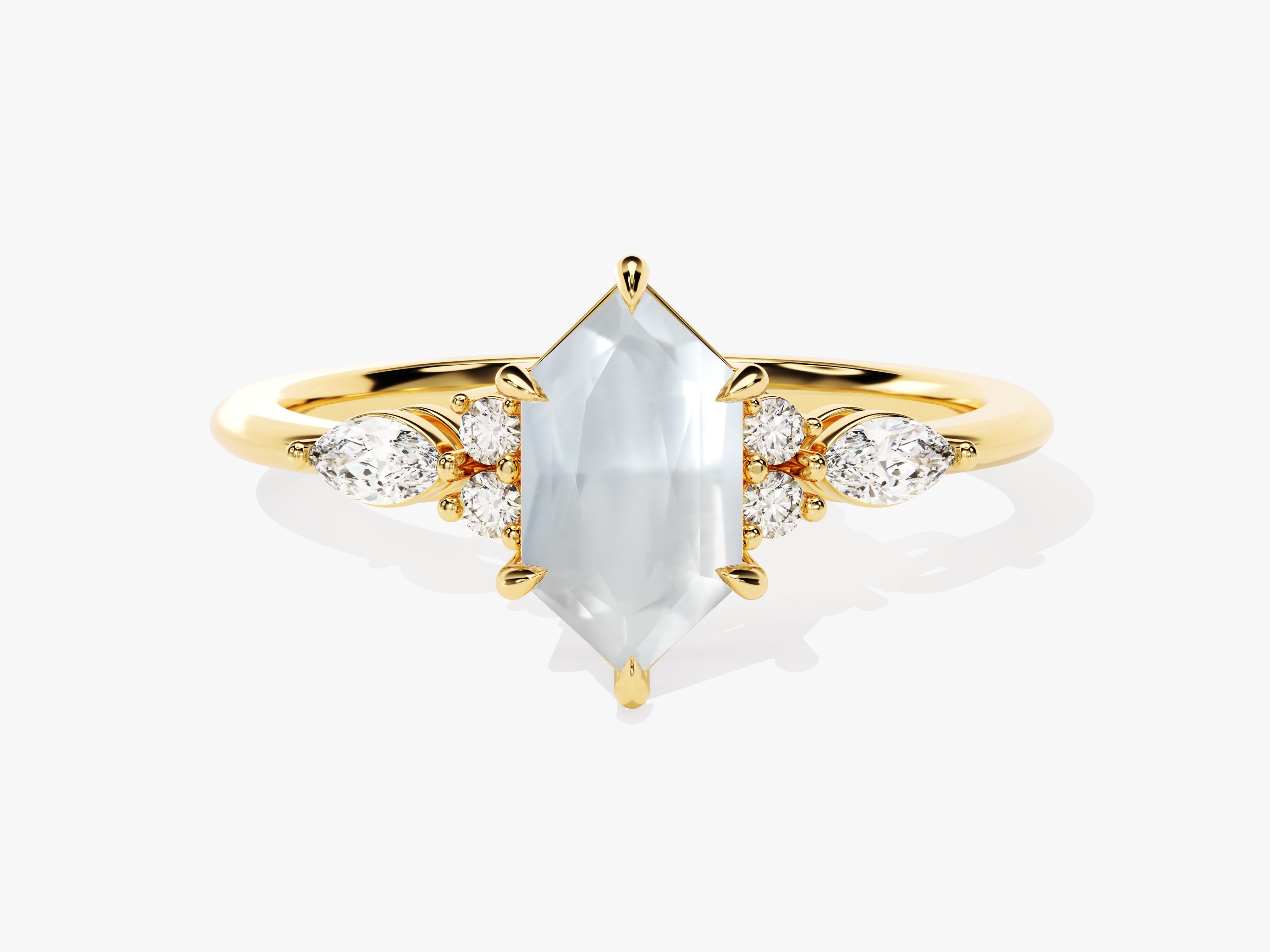 Gold ring with hexagon gemstone and diamonds