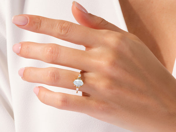 Long Hexagon Moonstone Engagement Ring with Marquise Moissanite Sidestones