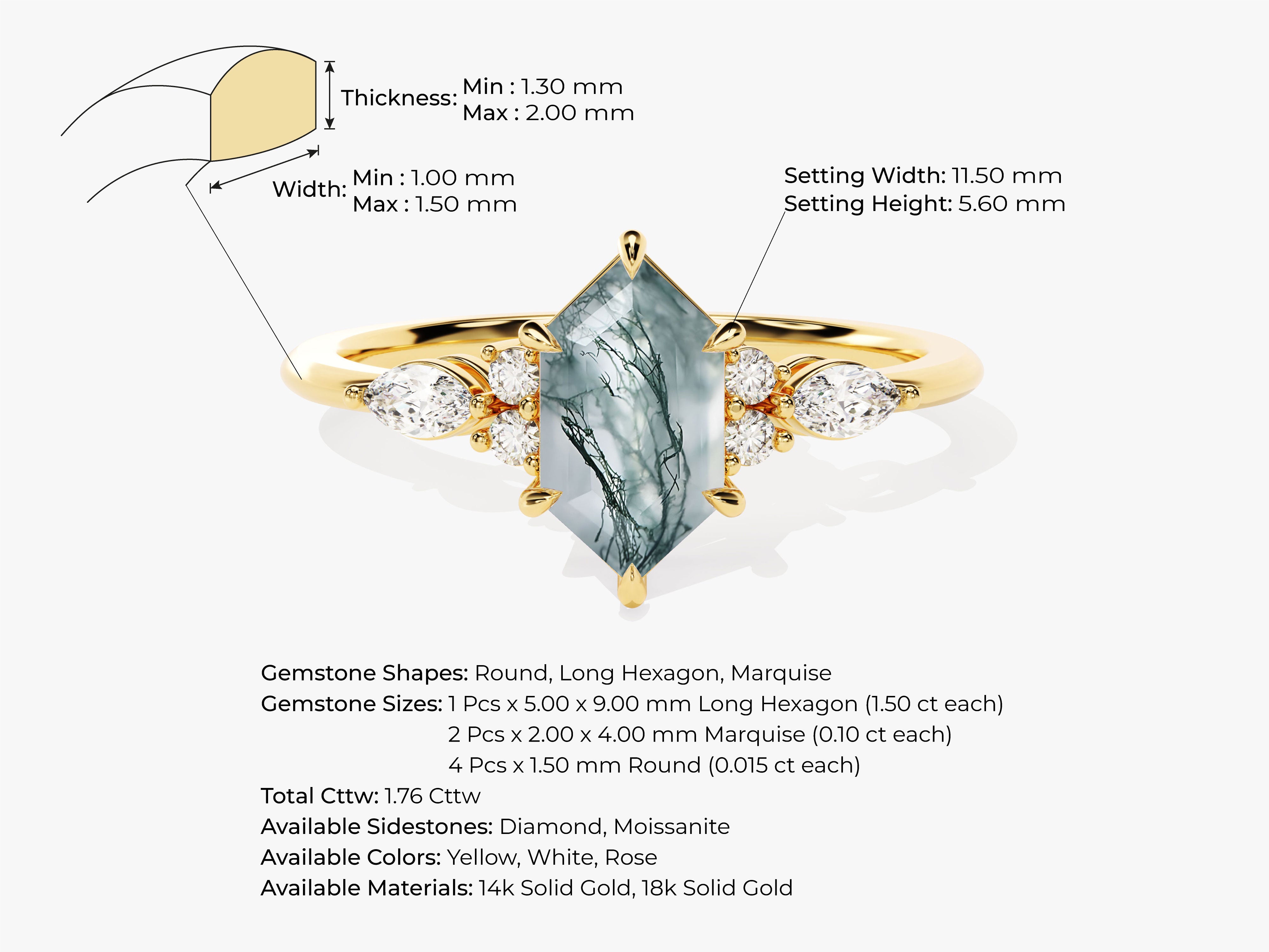 Gold ring with moss agate and diamond side stones