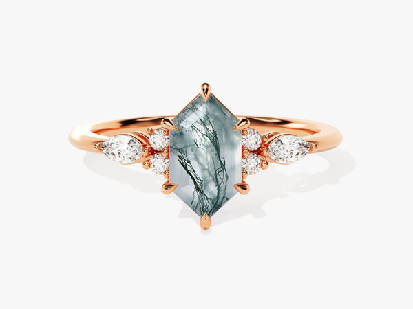 Long Hexagon Moss Agate Engagement Ring with Marquise Moissanite Sidestones