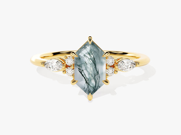 Long Hexagon Moss Agate Engagement Ring with Marquise Moissanite Sidestones