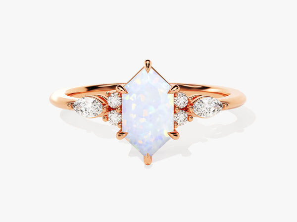 Rose gold ring with hexagon opal and diamond accents