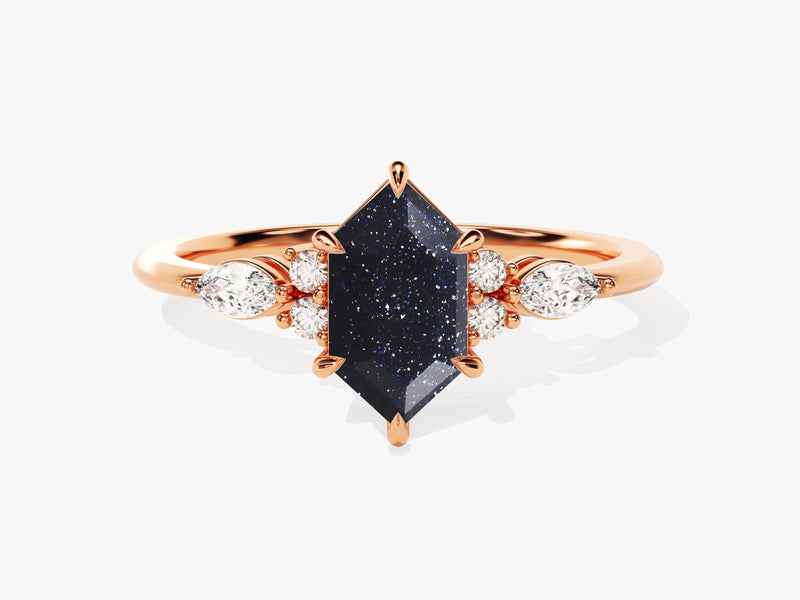 Long Hexagon Blue Sandstone Engagement Ring with Marquise Moissanite Sidestones