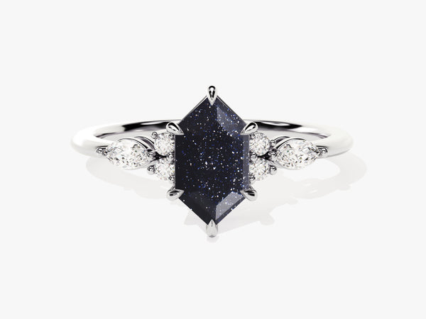Hexagonal dark blue gemstone ring with diamond accents