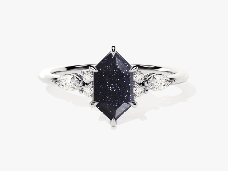 Long Hexagon Blue Sandstone Engagement Ring with Marquise Moissanite Sidestones