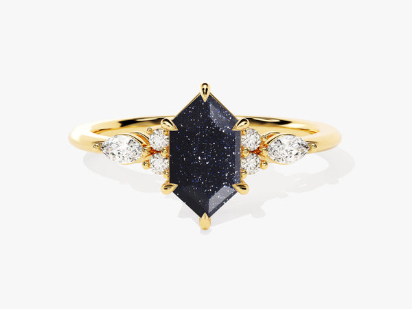 Long Hexagon Blue Sandstone Engagement Ring with Marquise Moissanite Sidestones