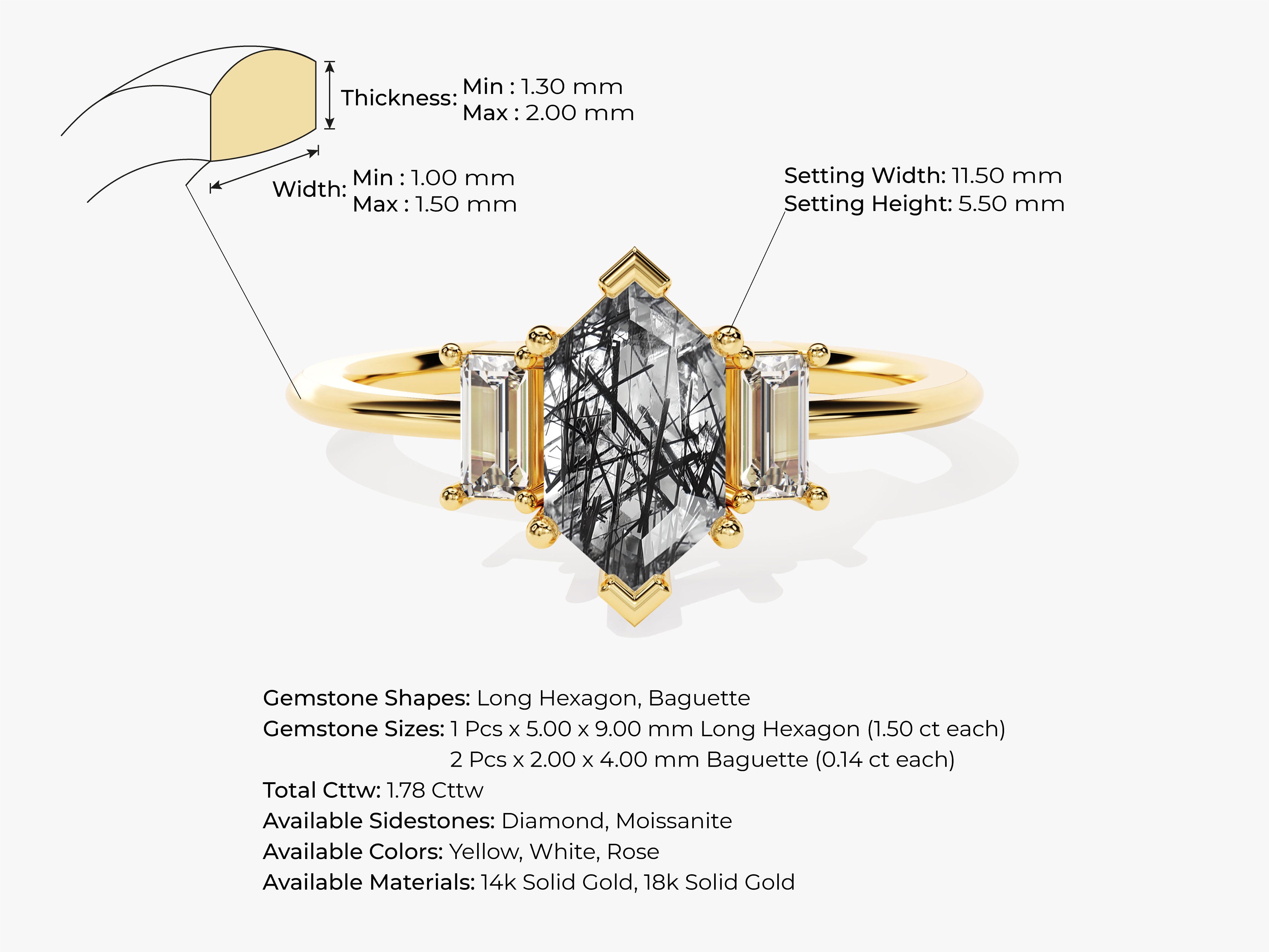 Gold ring with hexagon and baguette gemstones