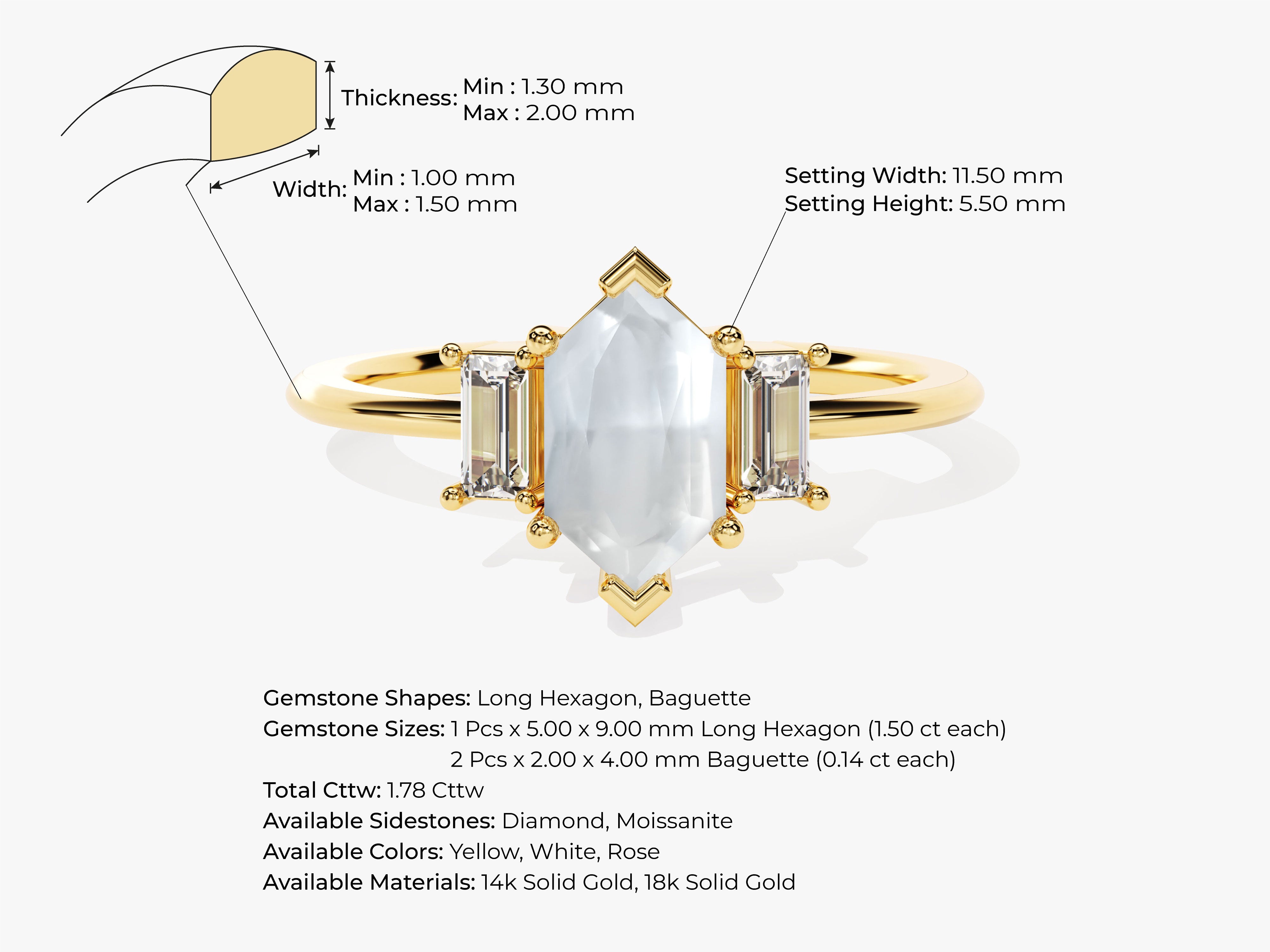 Gold ring with hexagon and baguette gemstones, jewelry details