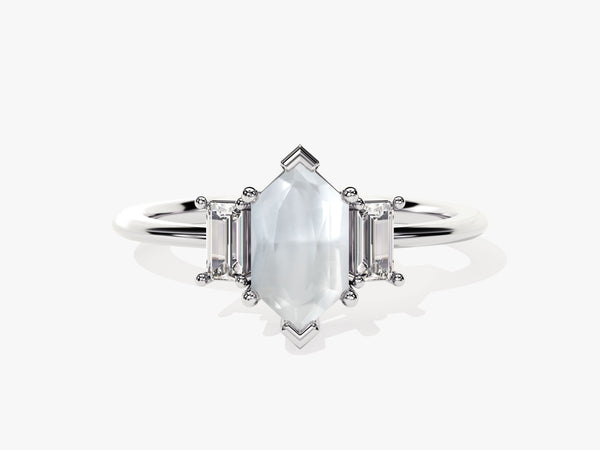 Hexagonal gemstone ring with baguette diamonds, fine jewelry