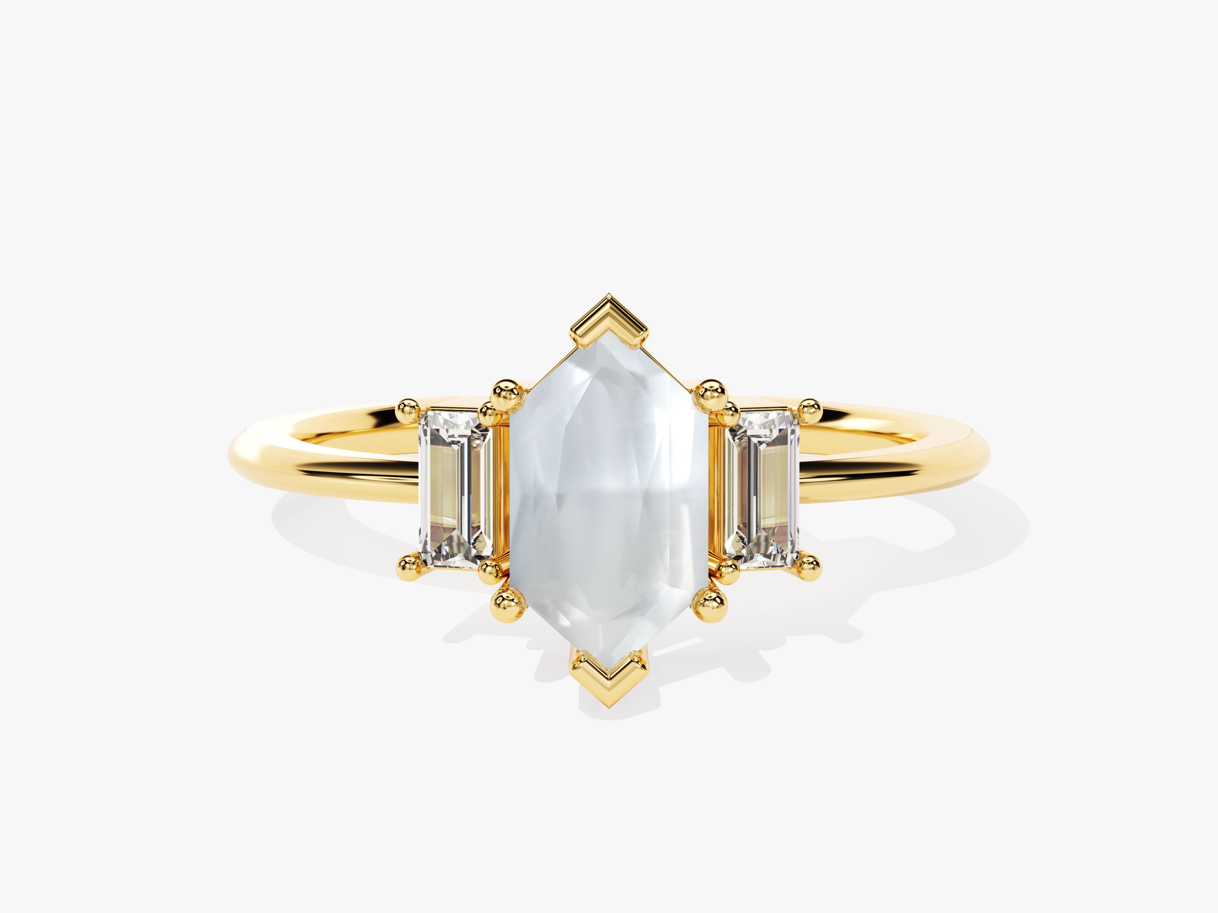 Gold ring with hexagon and baguette cut diamonds