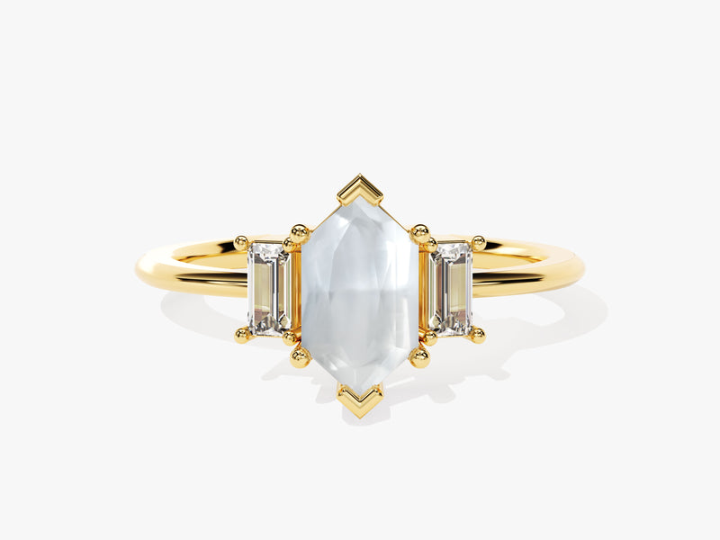 Long Hexagon Moonstone Engagement Ring with Baguette Moissanite Sidestones