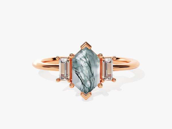 Rose gold ring with hexagon moss agate and baguette diamonds